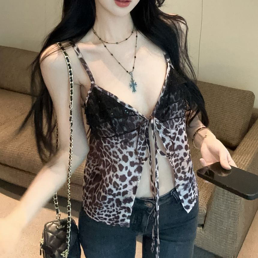 V-Neck Leopard Print Ruffle Panel Tie-Up Slit Cami Top