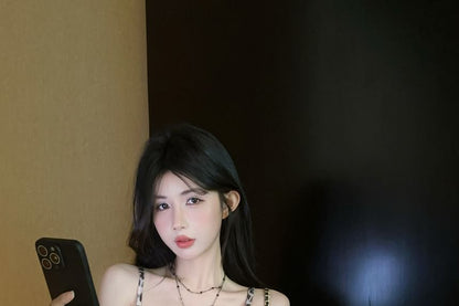 V-Neck Leopard Print Ruffle Panel Tie-Up Slit Cami Top