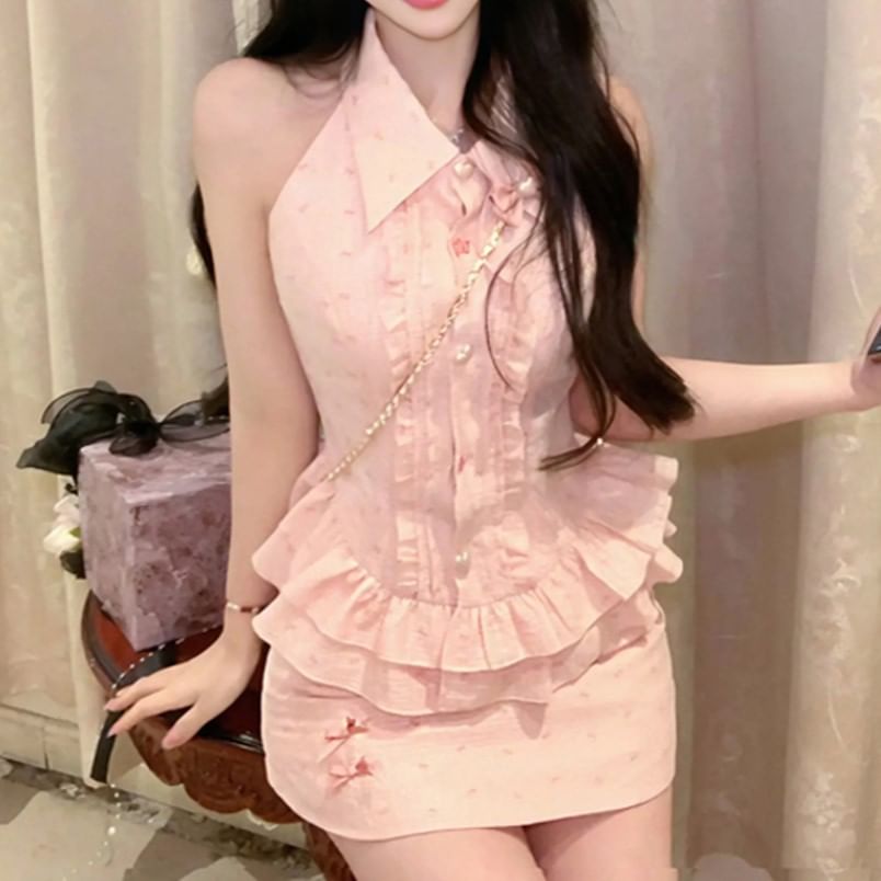 Sleeveless Collared Bow Print Ruffle Blouse / Bow Brooch / High Waist Mini Pencil Skirt / Set