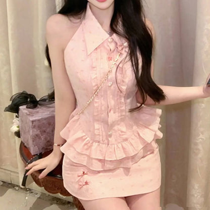 Sleeveless Collared Bow Print Ruffle Blouse / Bow Brooch / High Waist Mini Pencil Skirt / Set