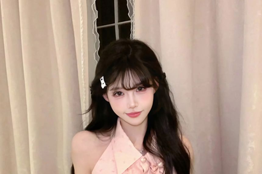 Sleeveless Collared Bow Print Ruffle Blouse / Bow Brooch / High Waist Mini Pencil Skirt / Set