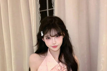 Sleeveless Collared Bow Print Ruffle Blouse / Bow Brooch / High Waist Mini Pencil Skirt / Set