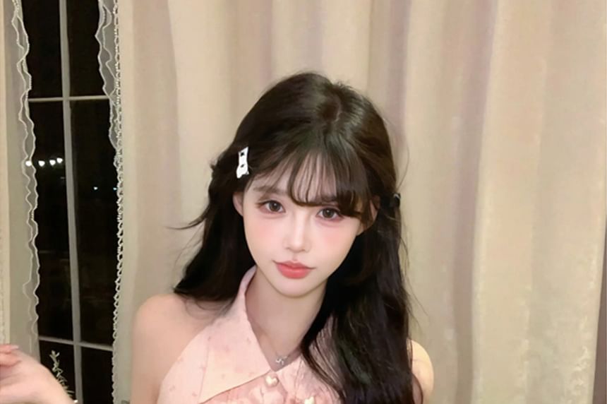 Sleeveless Collared Bow Print Ruffle Blouse / Bow Brooch / High Waist Mini Pencil Skirt / Set