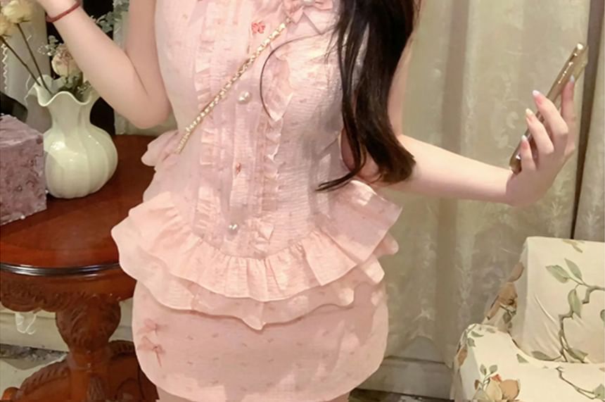 Sleeveless Collared Bow Print Ruffle Blouse / Bow Brooch / High Waist Mini Pencil Skirt / Set