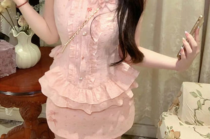 Sleeveless Collared Bow Print Ruffle Blouse / Bow Brooch / High Waist Mini Pencil Skirt / Set