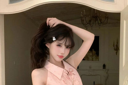 Sleeveless Collared Bow Print Ruffle Blouse / Bow Brooch / High Waist Mini Pencil Skirt / Set