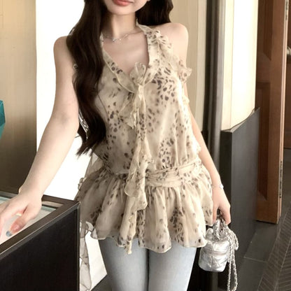 Halter Leopard Print Ruffle Top