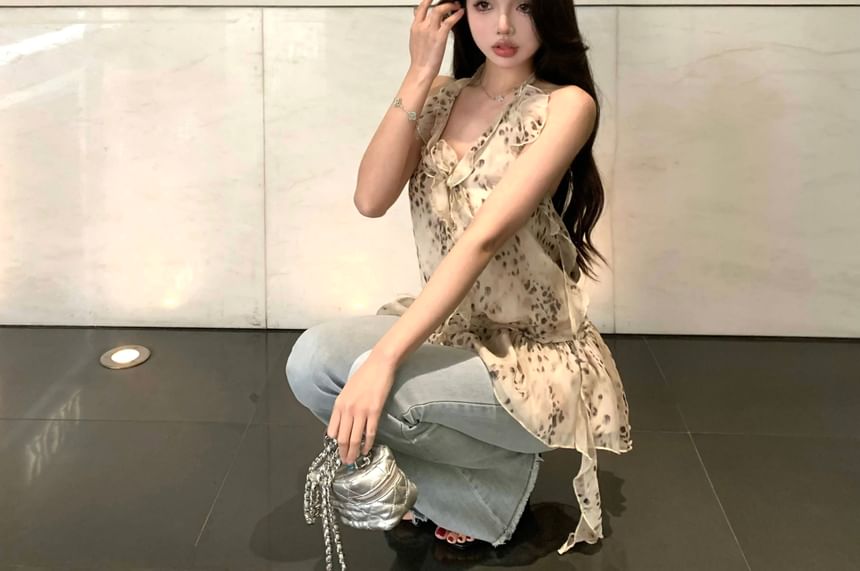 Halter Leopard Print Ruffle Top