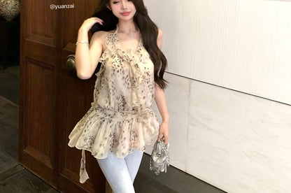 Halter Leopard Print Ruffle Top