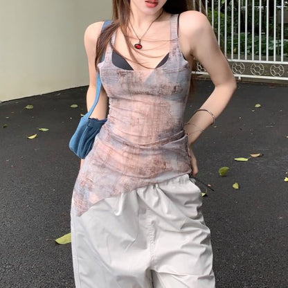 Square Neck Denim Print Asymmetrical Sheer Tank Top / Plain Bra Top