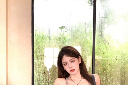 Square Neck Denim Print Asymmetrical Sheer Tank Top / Plain Bra Top