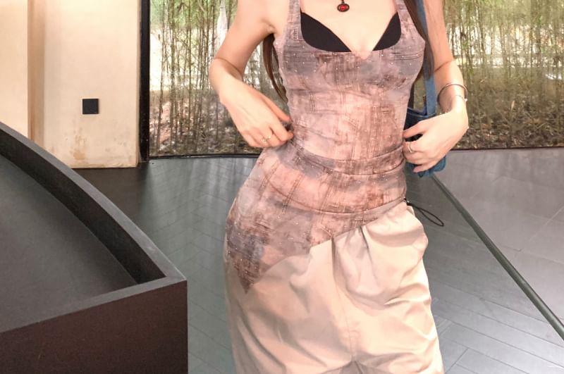 Square Neck Denim Print Asymmetrical Sheer Tank Top / Plain Bra Top