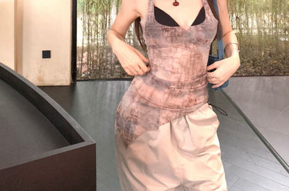 Square Neck Denim Print Asymmetrical Sheer Tank Top / Plain Bra Top