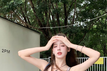 Square Neck Denim Print Asymmetrical Sheer Tank Top / Plain Bra Top