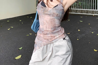 Square Neck Denim Print Asymmetrical Sheer Tank Top / Plain Bra Top