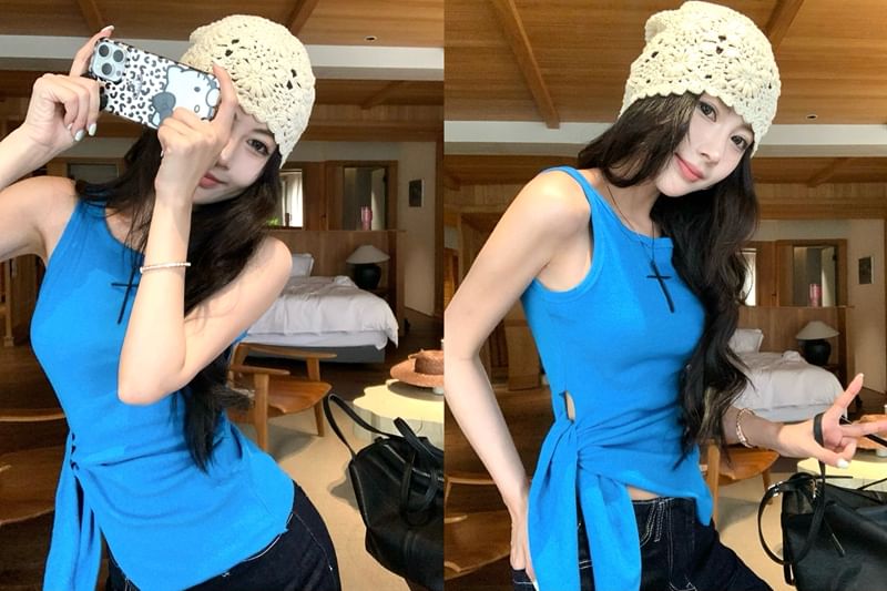 Crew Neck Plain Tie-Up Tank Top