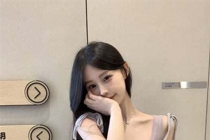 Set: Scoop Neck Plain Tank Top + Tie Shoulder Deep Plunge Plain Camisole Top