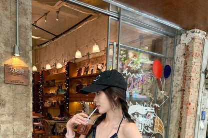 Halter V-Neck Plaid Panel Top