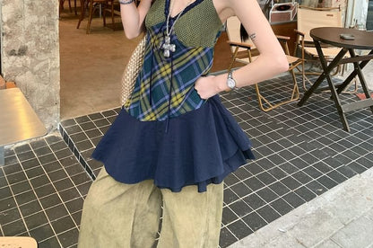 Halter V-Neck Plaid Panel Top