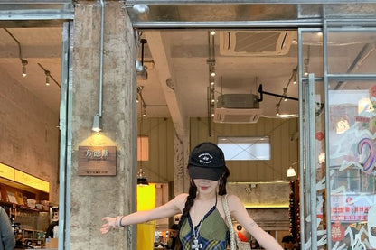 Halter V-Neck Plaid Panel Top