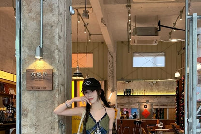 Halter V-Neck Plaid Panel Top