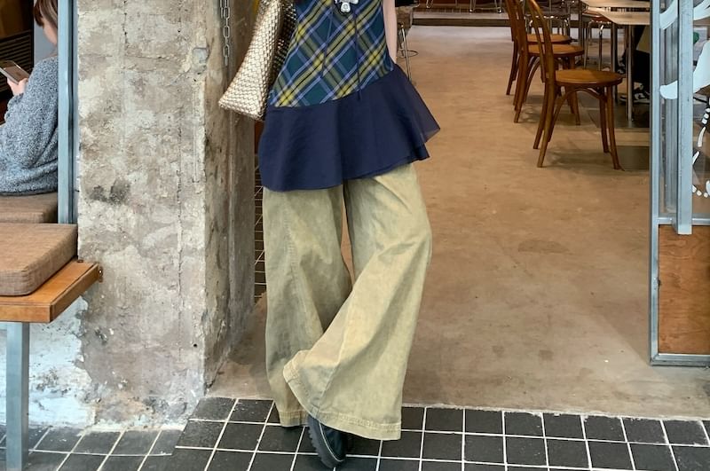 Halter V-Neck Plaid Panel Top