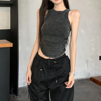 Crew Neck Washed Tank Top / Drawstring Waist Plain Wide Leg Pants