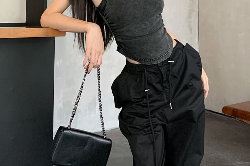 Crew Neck Washed Tank Top / Drawstring Waist Plain Wide Leg Pants