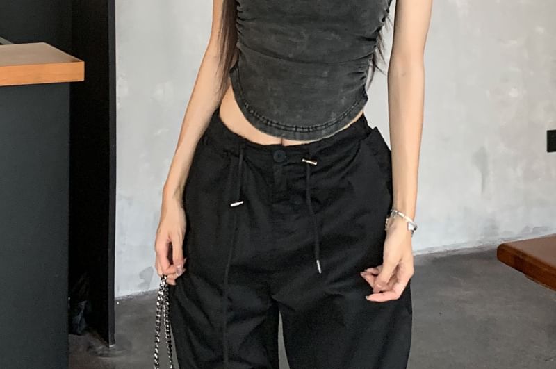 Crew Neck Washed Tank Top / Drawstring Waist Plain Wide Leg Pants