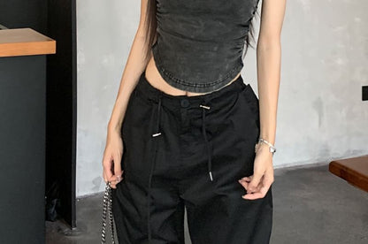 Crew Neck Washed Tank Top / Drawstring Waist Plain Wide Leg Pants