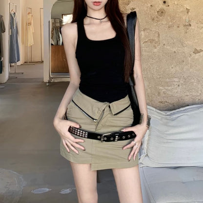 Square Neck Plain Tank Top / High Waist Plain Asymmetrical Mini Pencil Skirt / Studded Belt