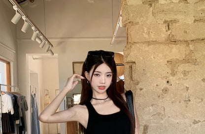 Square Neck Plain Tank Top / High Waist Plain Asymmetrical Mini Pencil Skirt / Studded Belt