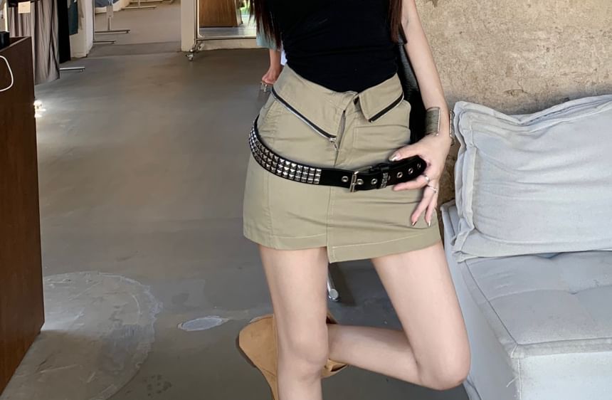 Square Neck Plain Tank Top / High Waist Plain Asymmetrical Mini Pencil Skirt / Studded Belt