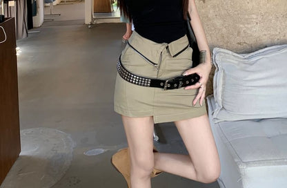 Square Neck Plain Tank Top / High Waist Plain Asymmetrical Mini Pencil Skirt / Studded Belt