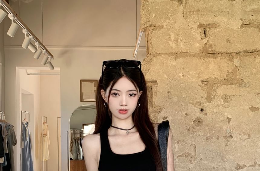 Square Neck Plain Tank Top / High Waist Plain Asymmetrical Mini Pencil Skirt / Studded Belt