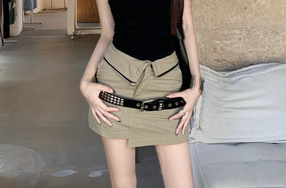 Square Neck Plain Tank Top / High Waist Plain Asymmetrical Mini Pencil Skirt / Studded Belt