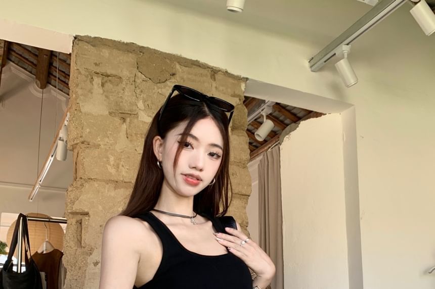 Square Neck Plain Tank Top / High Waist Plain Asymmetrical Mini Pencil Skirt / Studded Belt