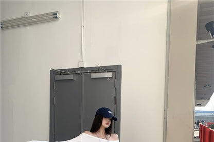 Long-Sleeve Off Shoulder Plain Crop T-Shirt / Mini A-Line Skirt