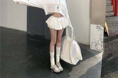 Long-Sleeve Off Shoulder Plain Crop T-Shirt / Mini A-Line Skirt