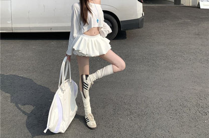 Long-Sleeve Off Shoulder Plain Crop T-Shirt / Mini A-Line Skirt