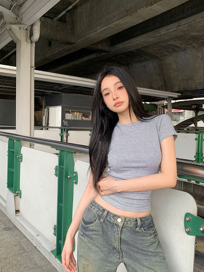 Short-Sleeve Crewneck Plain Crop Tee