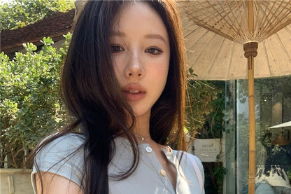 Short-Sleeve Half Buttoned Plain Crop Tee