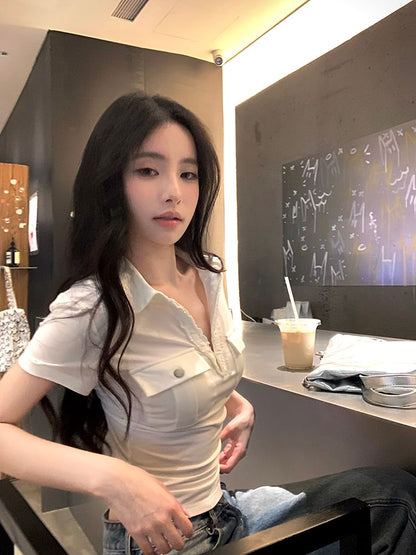 Short-Sleeve Pocketed Plain Crop Polo Top