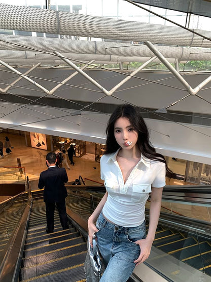 Short-Sleeve Pocketed Plain Crop Polo Top