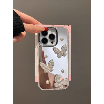 Butterfly Faux Pearl Mirrored Phone Case / Strap / Set