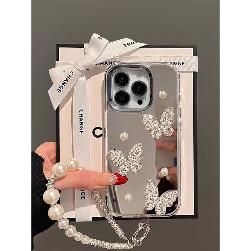 Butterfly Faux Pearl Mirrored Phone Case / Strap / Set