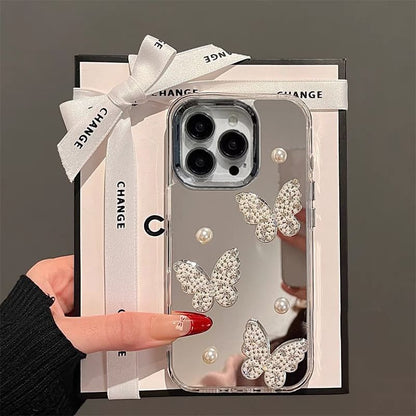 Butterfly Faux Pearl Mirrored Phone Case / Strap / Set