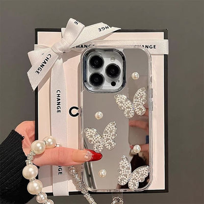 Butterfly Faux Pearl Mirrored Phone Case / Strap / Set