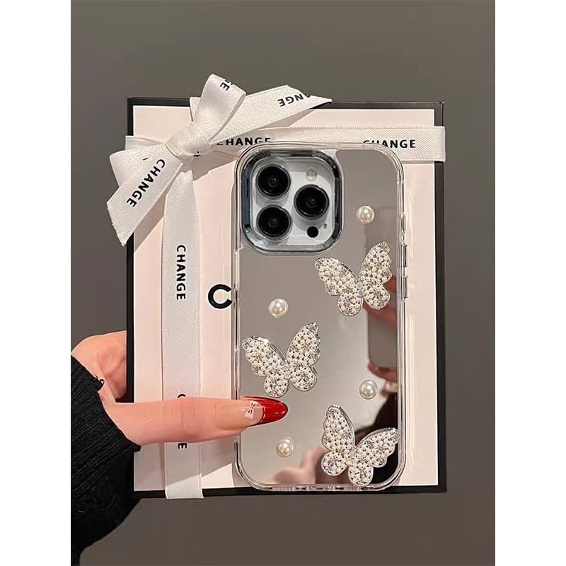 Butterfly Faux Pearl Mirrored Phone Case / Strap / Set