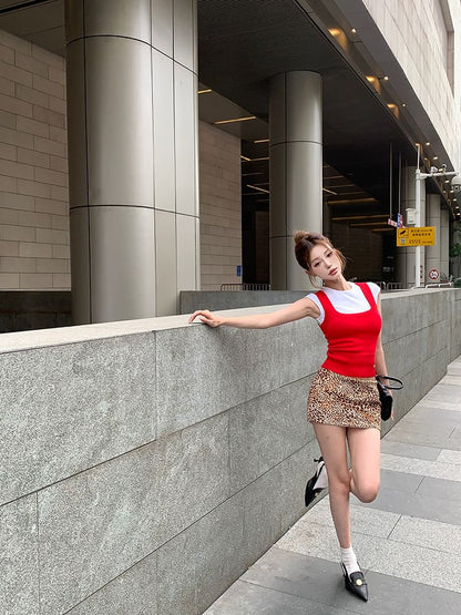 Cap Sleeve Round Neck Dog Print Tee / Square Neck Plain Knit Tank Top / Low Rise Leopard Print Mini Pencil Skirt
